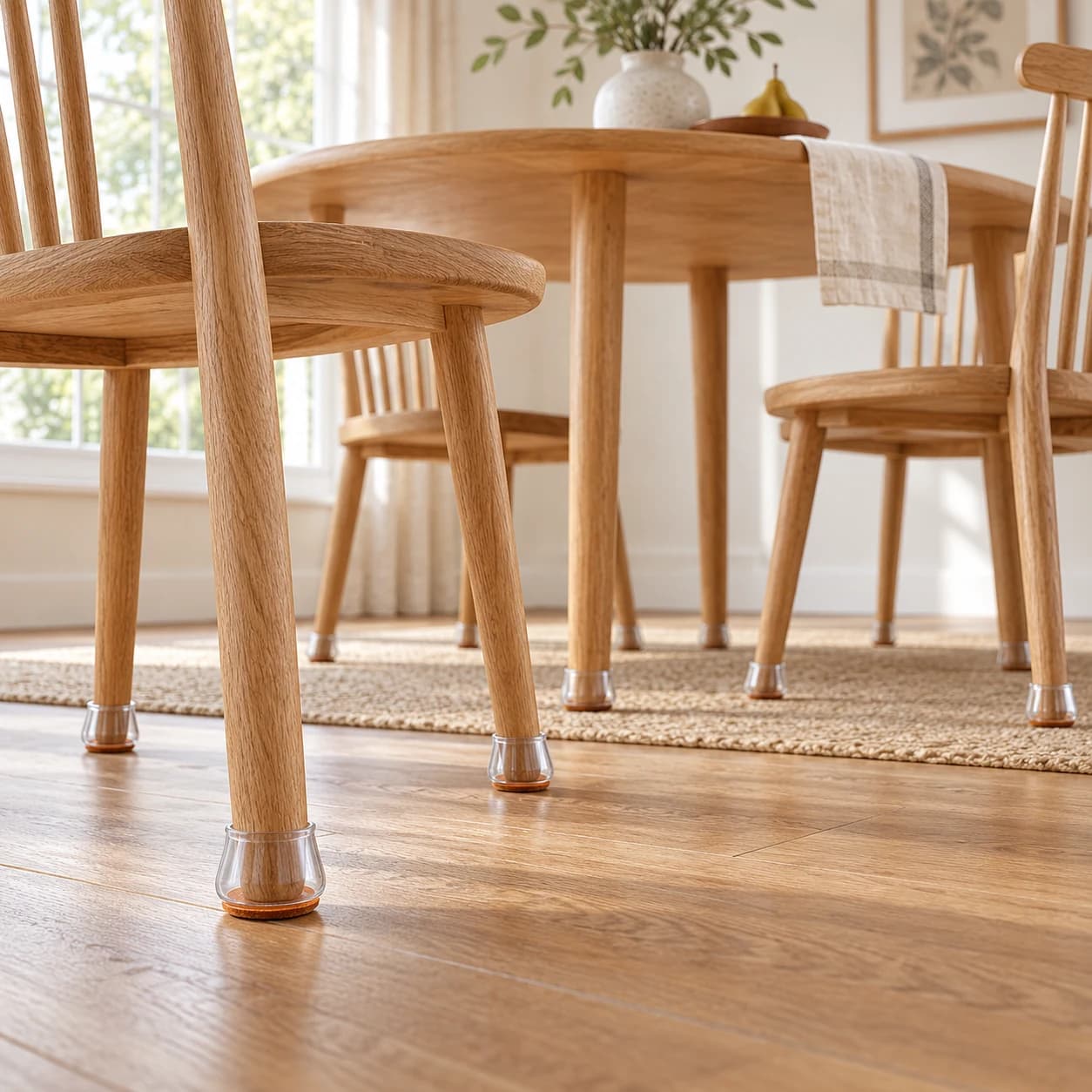 Clear Chair Shoes protect a wood floor beneath an oak dining set