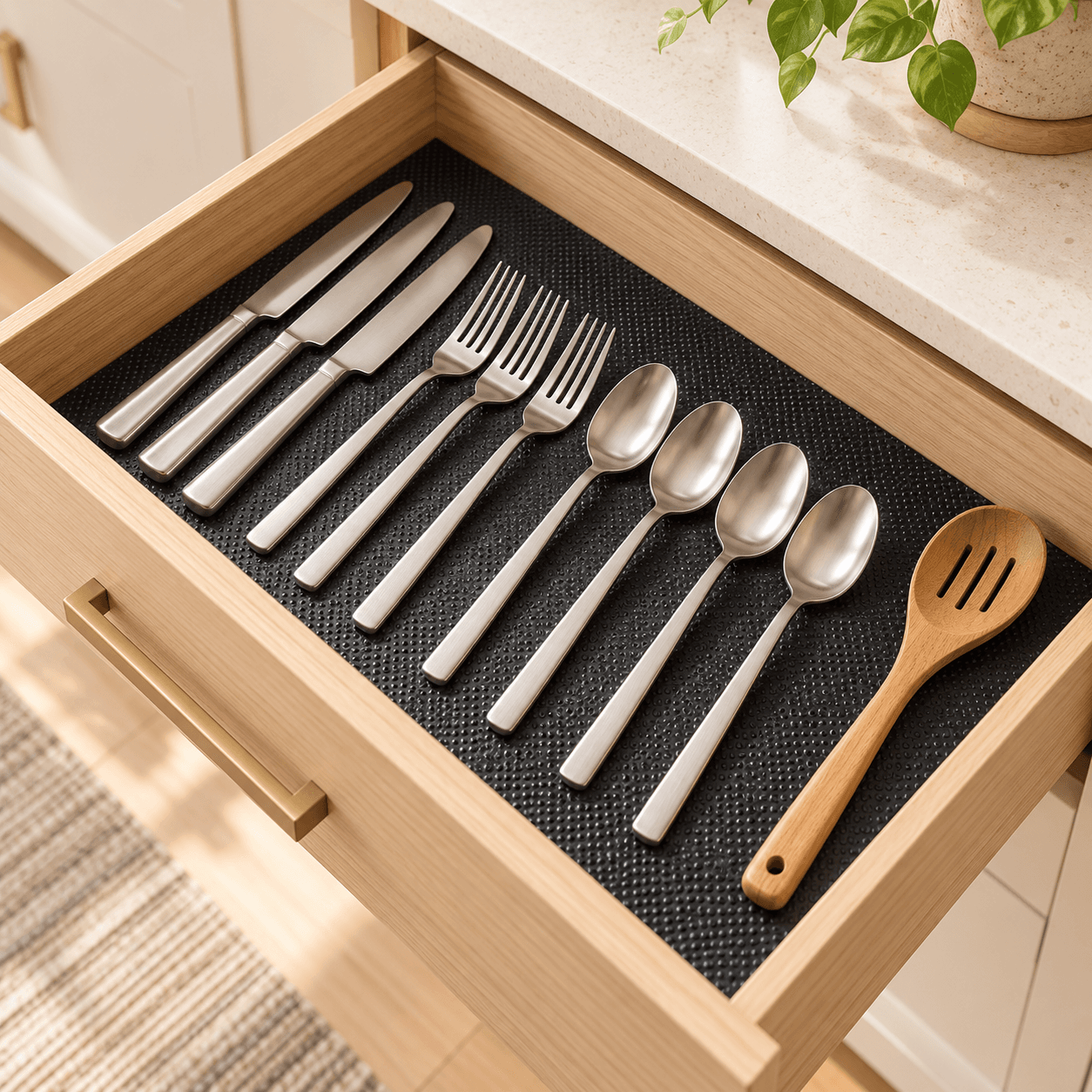 Cutlery in a wood drawer lined with black shelf liner