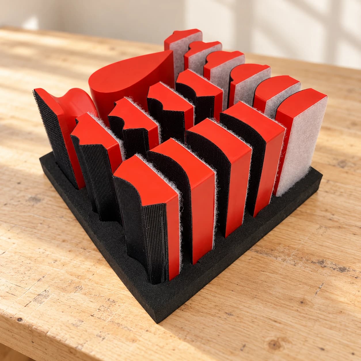 Sixteen red contour sanding blocks with black hook-and-loop surfaces