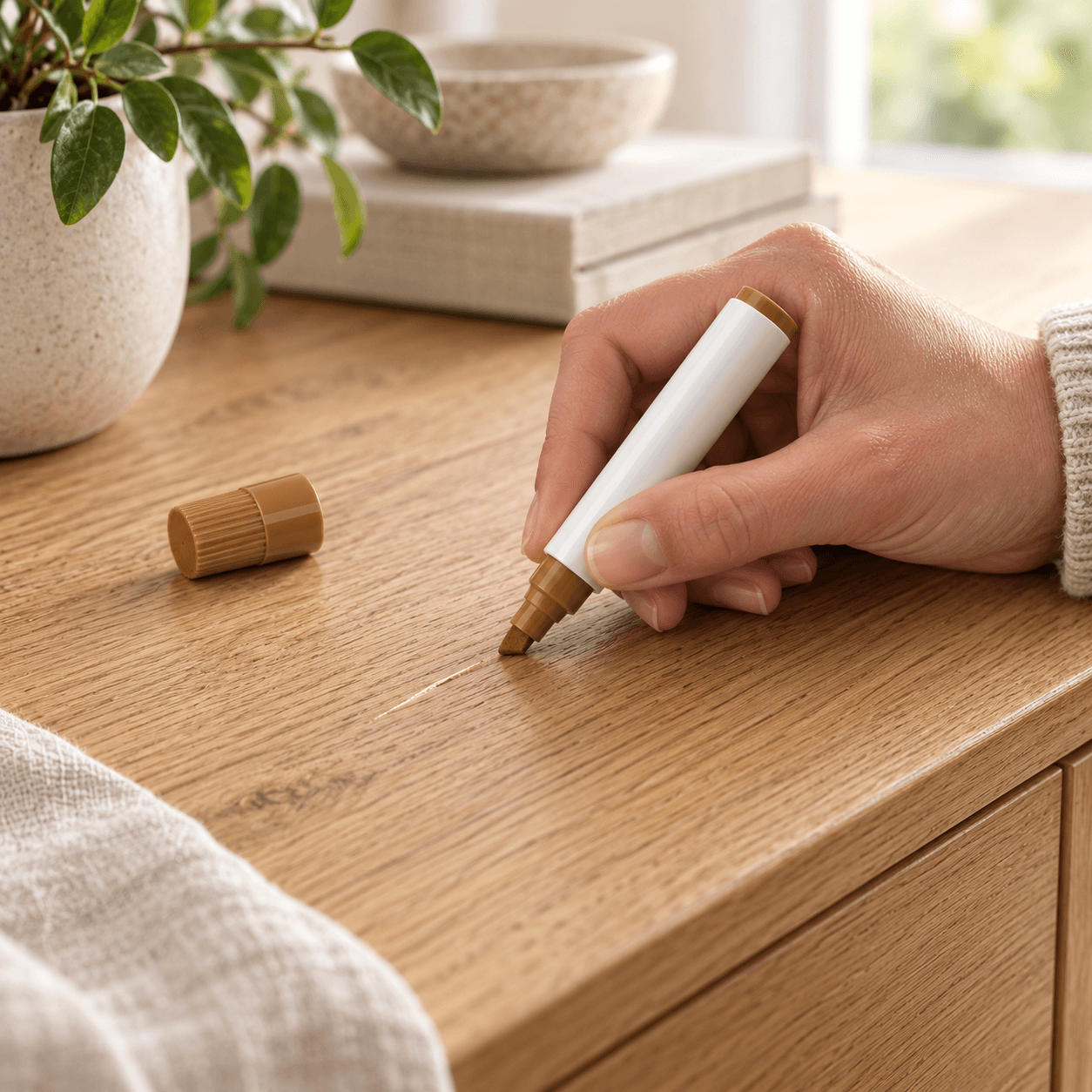 A wood touch-up marker being applied to a light scratch